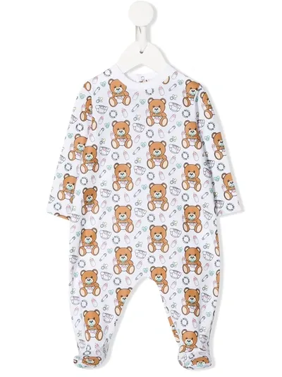 Moschino Babies' Logo Bear Print Long-sleeve Pajamas In White