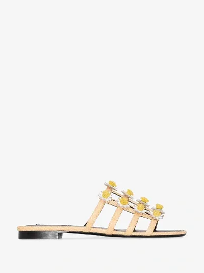 Fabrizio Viti Daisy Floral-appliqued Raffia Slides In Neutrals