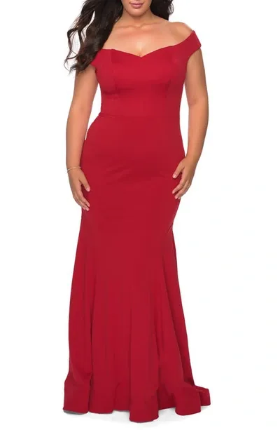 La Femme Plus Size Off-the-shoulder Jersey Bodycon Gown In Red