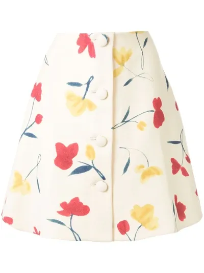 Oscar De La Renta Button-embellished Floral-print Wool-twill Mini Skirt In White