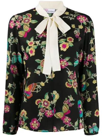 Red Valentino Women's Floral Neck-tie Silk Blouse In Black