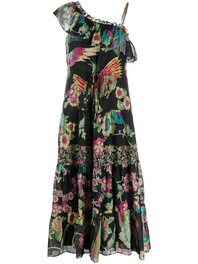 Red Valentino One-shoulder Printed Cotton And Silk-blend Voile Midi Dress In Black