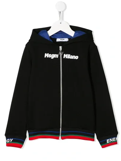 Msgm Kids' Logo Parody Zipped Hoodie In Black