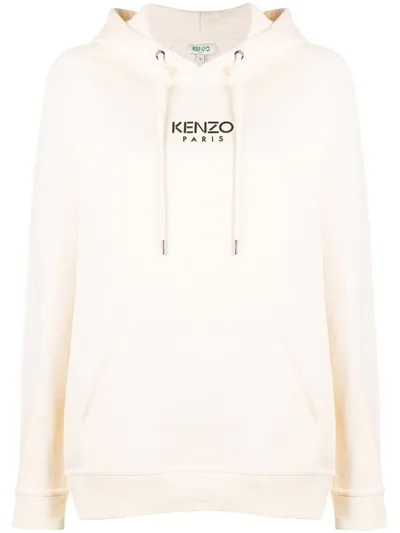 Kenzo Logo Print Cotton Hoodie In Neutrals