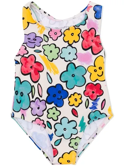 Stella Mccartney Babies' Smiling Flowers Print Swimsuit In White