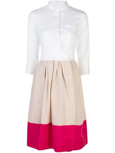 Sara Roka Color-block Flared Shirt Dress In White