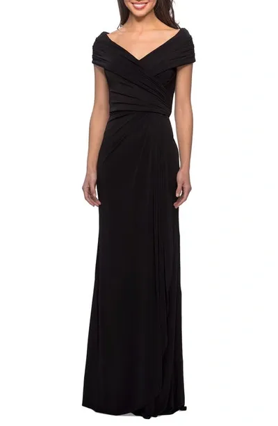 La Femme Short-sleeve Ruched Jersey Gown Dress In Black