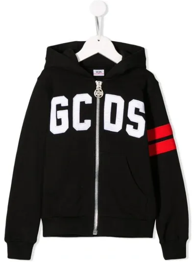 Gcds Kids' Black Cotton Zipped Logo Hoodie In Nero