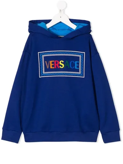 Young Versace Kids' Logo-embroidered Hooded Sweatshirt In Blue