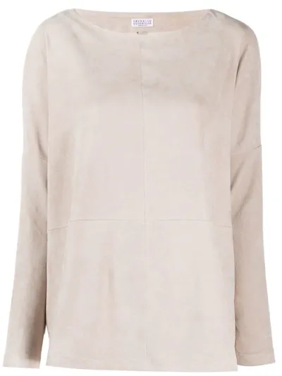 Brunello Cucinelli Suede Panelled Pullover Jumper In Neutrals