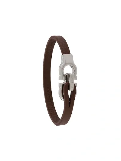 Ferragamo Brown Leather Gancini Bracelet In Bark Brown