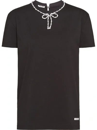 Miu Miu Pearl-embellished Bow T-shirt In Black