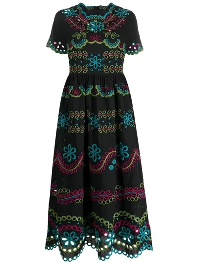 Red Valentino Embroidered Midi Dress In Black