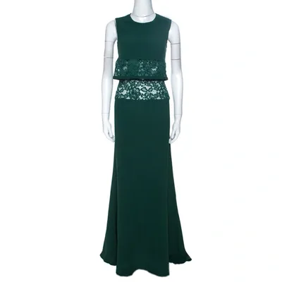 Pre-owned Elie Saab Green Crepe Lace Insert Sleeveless Maxi Dress Xs