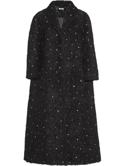 Miu Miu Crystal Embellished Long Coat In Black