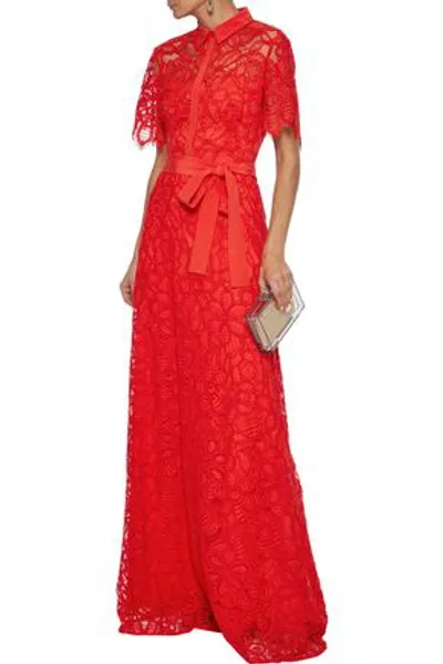 Lela Rose Belted Crepe De Chine-trimmed Corded Lace Gown In Tomato Red