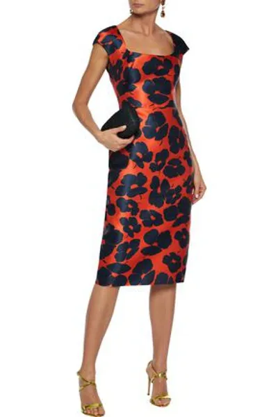 Lela Rose Floral-print Duchesse-satin Dress In Tomato Red