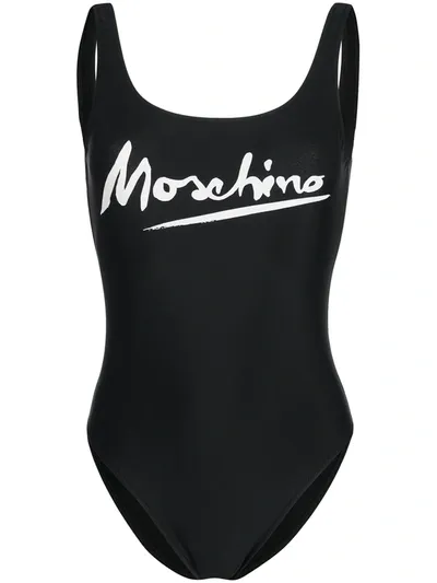 Moschino Logo Printed Swimsuit In Black