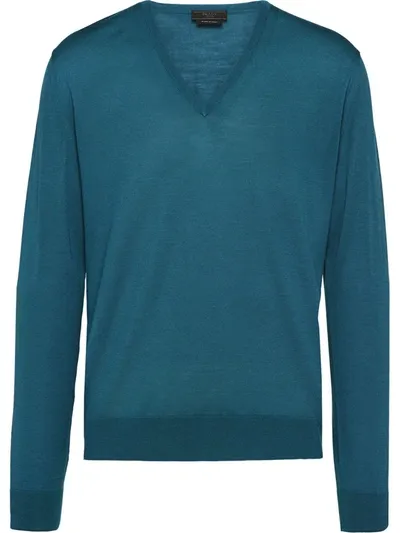 Prada V-neck Knitted Jumper In Blue