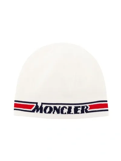 Moncler Babies' Knitted Logo Stripe Detail Hat In Neutrals