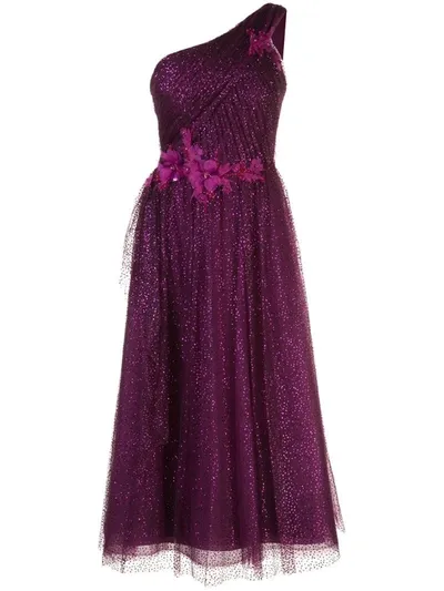 Marchesa Notte One Shoulder Glitter Tulle Dress In Fuchsia