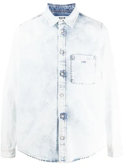 Msgm Stonewashed Patch-pocket Denim Shirt In Blue