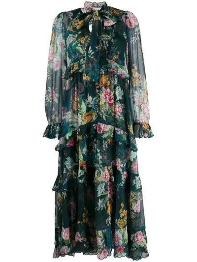 Zimmermann Wavelength Scallop Tiered Floral-print Silk-chiffon Midi Dress In Green