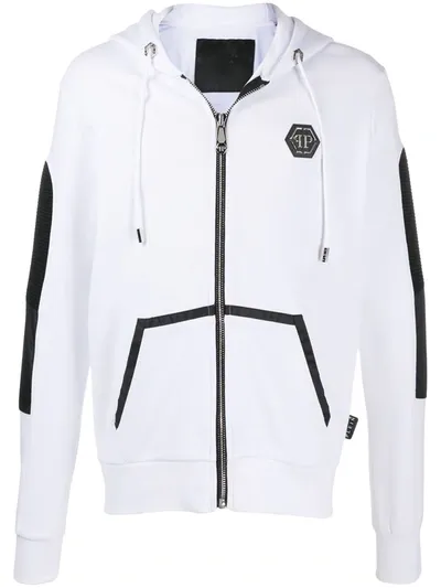 Philipp Plein Ribbed Panel Zipped Hoodie In White