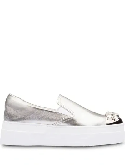 Miu Miu Metallic Crystal-embellished Slip-on Trainers In Silver