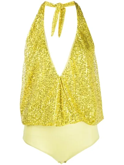 Just Cavalli Embroidered Halter-neck Bodysuit In Yellow