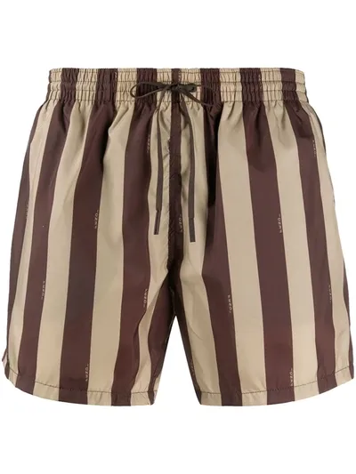 Fendi Men's Pequin Stripe Swim Trunks In Beige