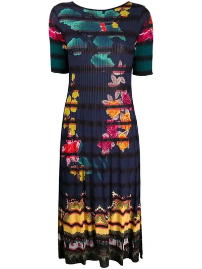 Etro Striped Floral Jacquard Knitted Dress In Navy Blue