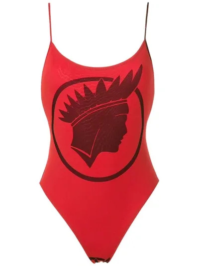 Amir Slama Índio Print High Cut Leg Swimsuit In Red