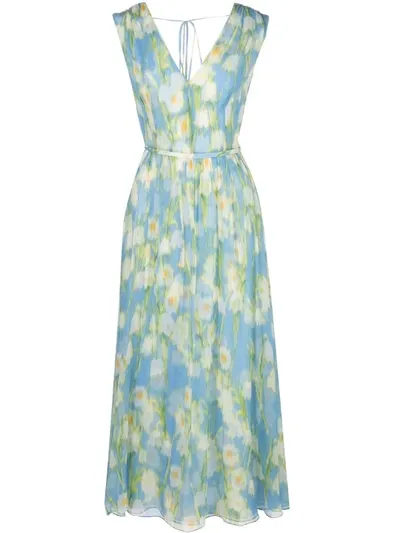 Carolina Herrera Floral Print V-neck Silk Midi Dress In Blue