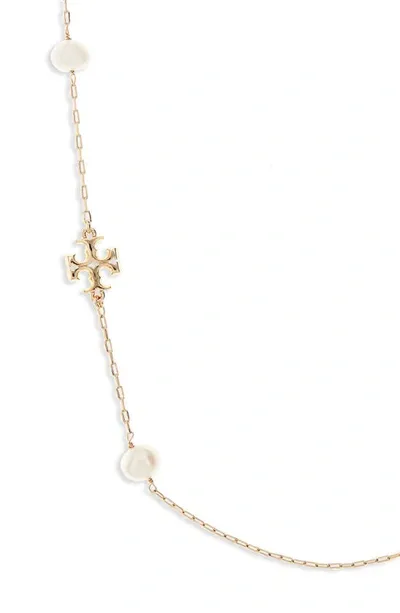 Tory Burch Kira Genuine Pearl Station Necklace In Gold Pearl