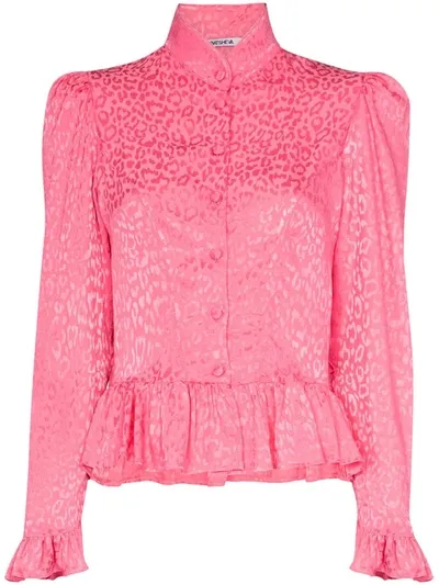 Batsheva Grace Ruffle Peplum Leopard Print Blouse In Pink