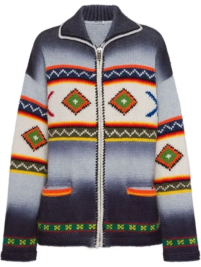 Miu Miu Geometric Pattern Zipped Cardigan In Blue