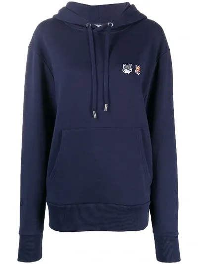 Maison Kitsuné Fox Logo Patch Drawstring Hoodie In Blue