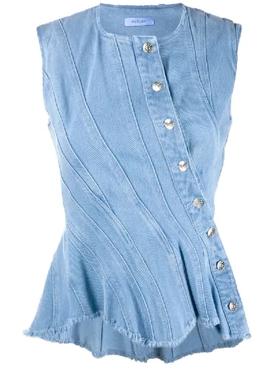 Mugler Denim Peplum Blouse In Blue