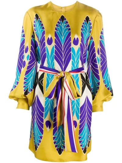 Valentino Belted Printed Silk-twill Mini Dress In Yellow