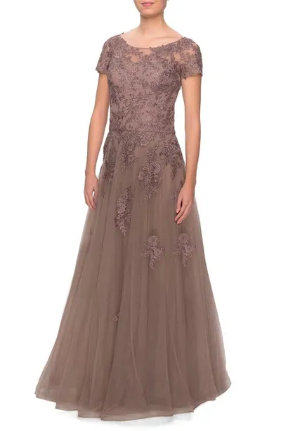 La Femme Floral Lace Applique Tulle A-line Gown In Cocoa