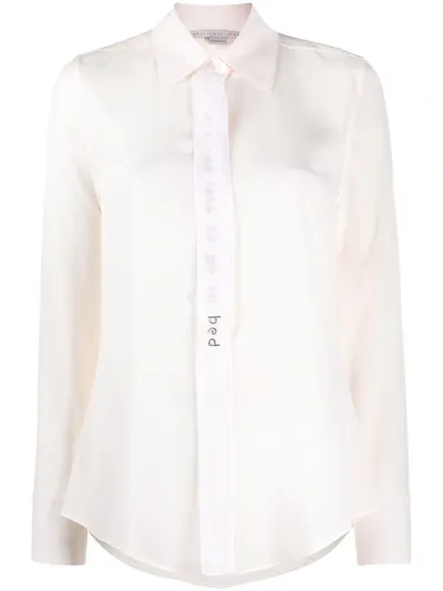 Stella Mccartney Embellished-slogan Crepe-de-chine Shirt In Neutrals