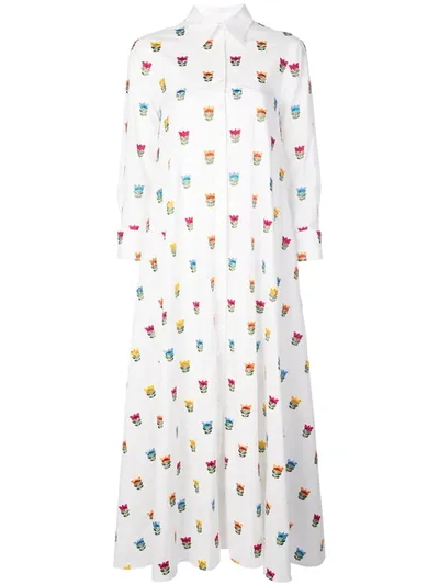 Carolina Herrera Long Floral-print Shirtdress W/ Waist Tie In White Multi