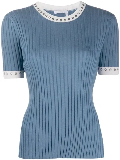 Chloé Blue Eyelet-embellished Rib-knit Top