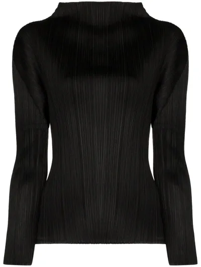 Issey Miyake Black Basic Long Sleeve Plissé Top