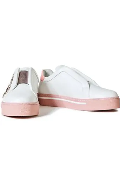 René Caovilla Triana Crystal-embellished Satin-trimmed Leather Sneakers In White