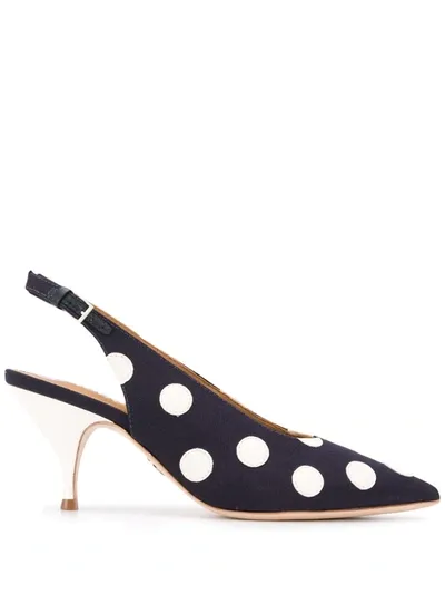 Tory Burch Leather-trimmed Polka-dot Canvas Slingback Pumps In Blue