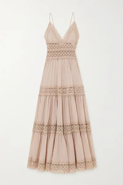 Charo Ruiz Cindy Tiered Crocheted Lace-paneled Cotton-blend Voile Maxi Dress In Taupe