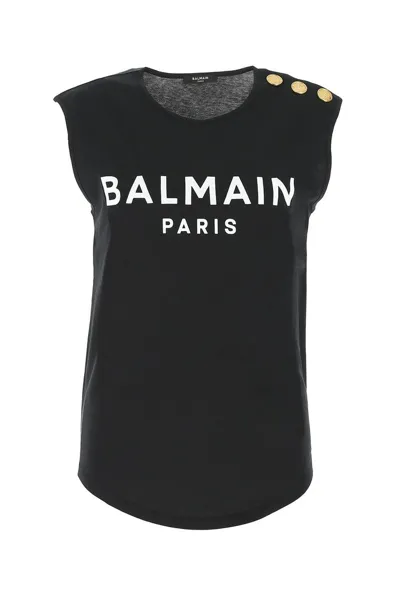 Balmain Logo Cotton Tank Top In Black White