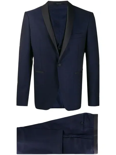 Tagliatore Contrast Lapel Three-piece Suit In Blue